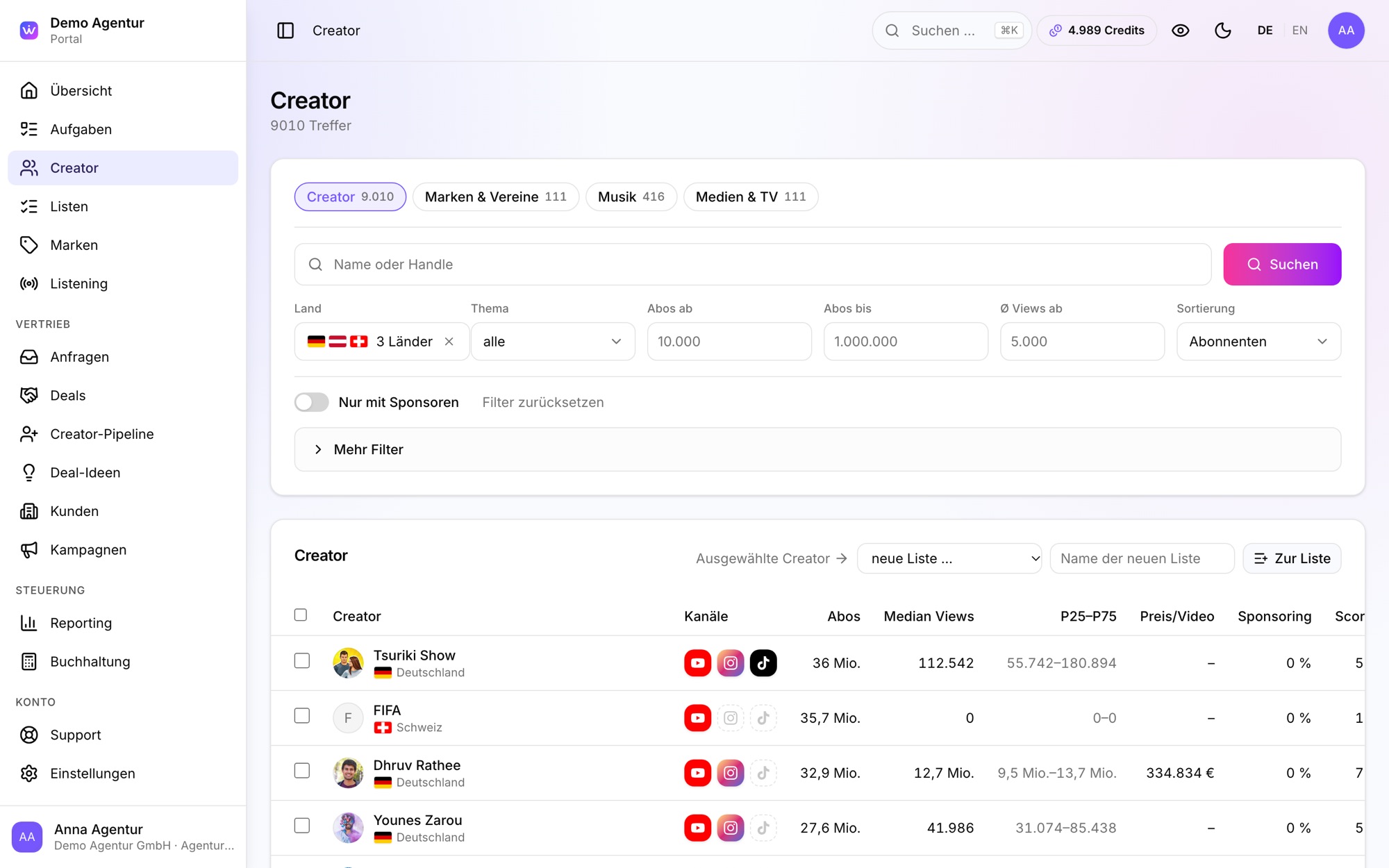 Originalansicht der WeCast Creator-Suche mit Filtern und Creator-Profilen